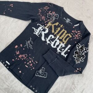 Rebel Spirit King Rebel Thermal Shirt Men XL Black Embellished Splatter Y2K Crew